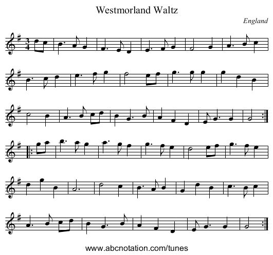 Westmorland Waltz - staff notation
