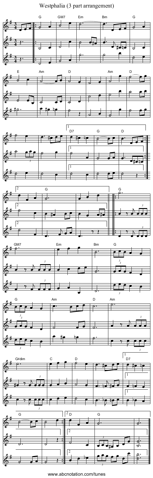 Westphalia (3 part arrangement) - staff notation