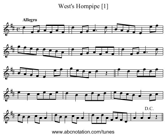 West's Hornpipe [1] - staff notation