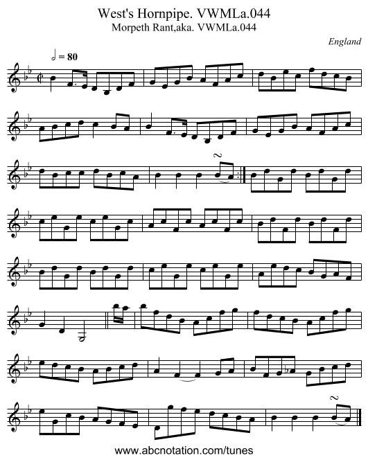 West's Hornpipe. VWMLa.044 - staff notation