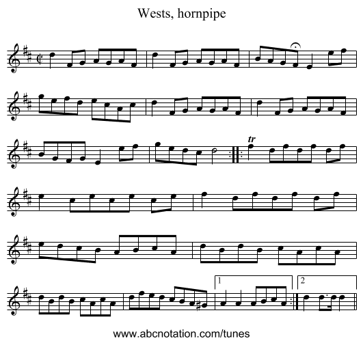 Wests, hornpipe - staff notation