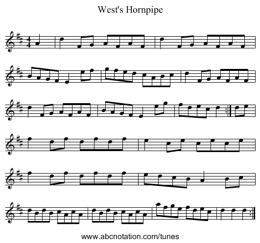 West's Hornpipe - staff notation