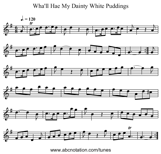 Wha'll Hae My Dainty White Puddings - staff notation
