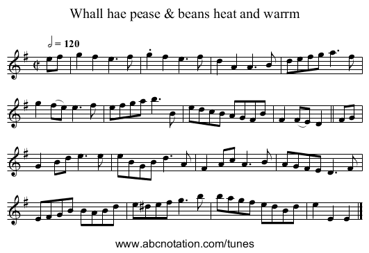 Whall hae pease & beans heat and warrm - staff notation