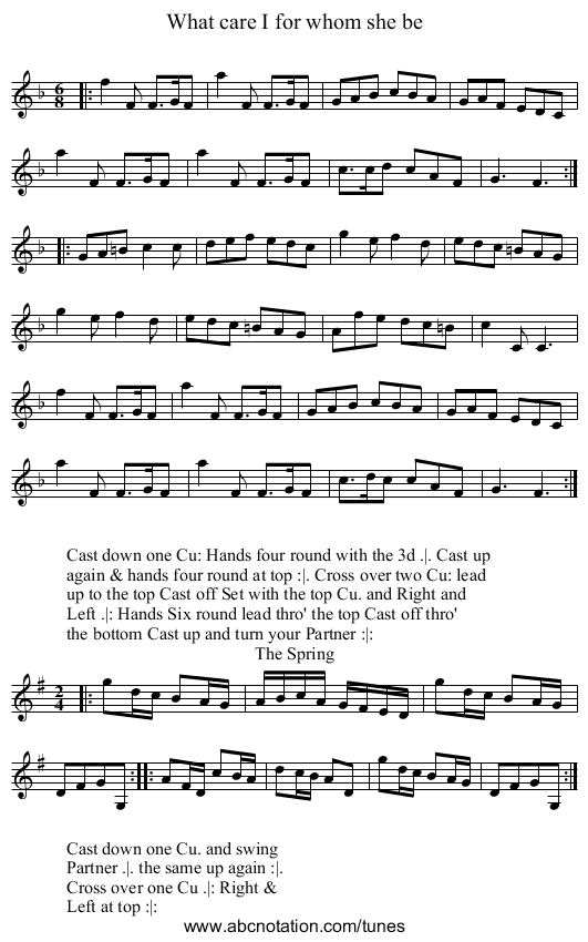 What care I for whom she be - staff notation