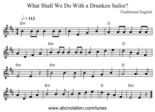 What Shall We Do With a Drunken Sailor? - staff notation