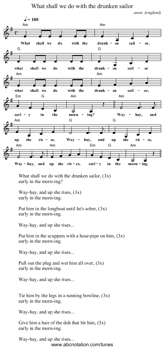 What shall we do with the drunken sailor - staff notation