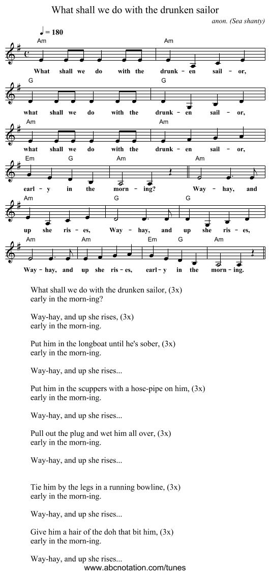 What shall we do with the drunken sailor - staff notation