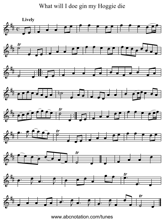 What will I doe gin my Hoggie die - staff notation