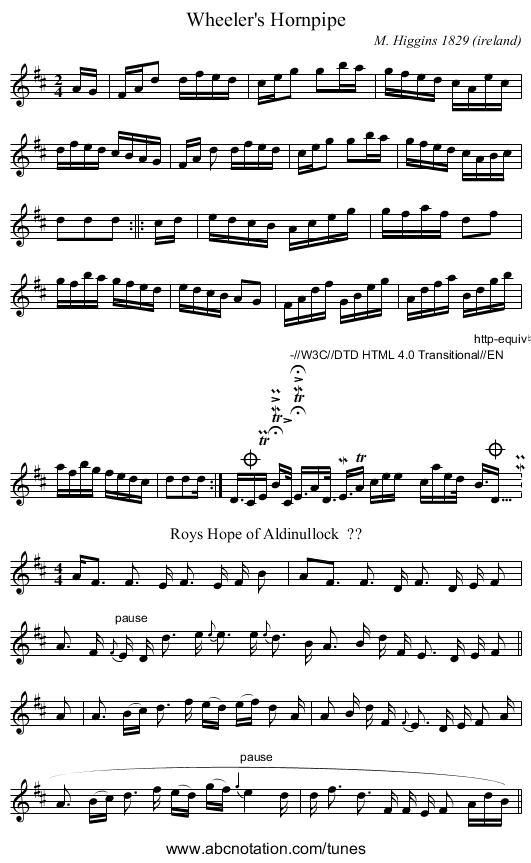 Wheeler's Hornpipe - staff notation