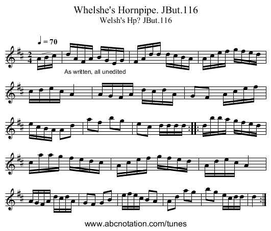 Whelshe's Hornpipe. JBut.116 - staff notation