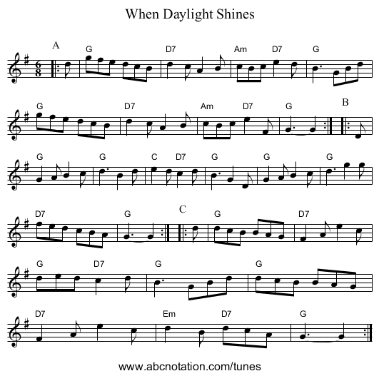 When Daylight Shines - staff notation