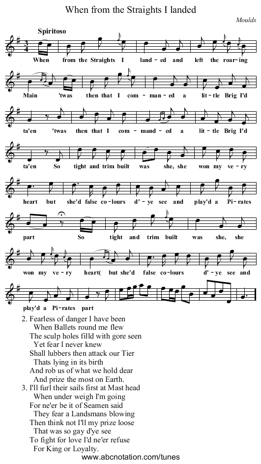When from the Straights I landed - staff notation