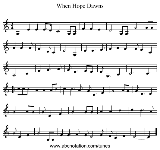 When Hope Dawns - staff notation