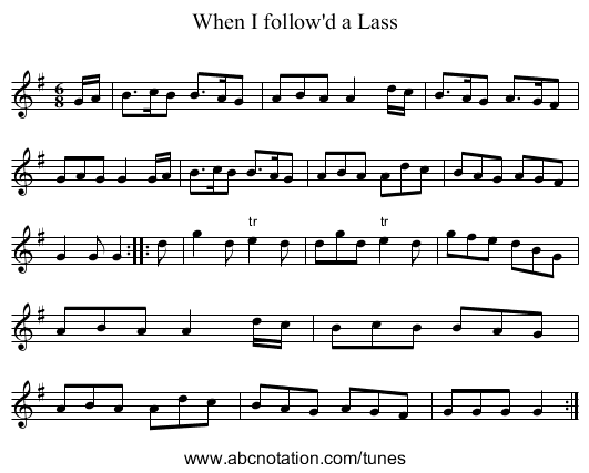 When I follow'd a Lass - staff notation