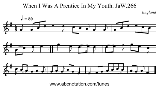 When I Was A Prentice In My Youth. JaW.266 - staff notation