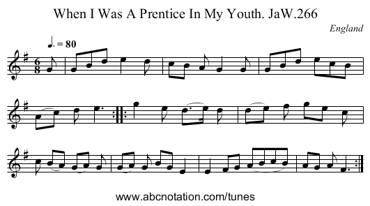When I Was A Prentice In My Youth. JaW.266 - staff notation