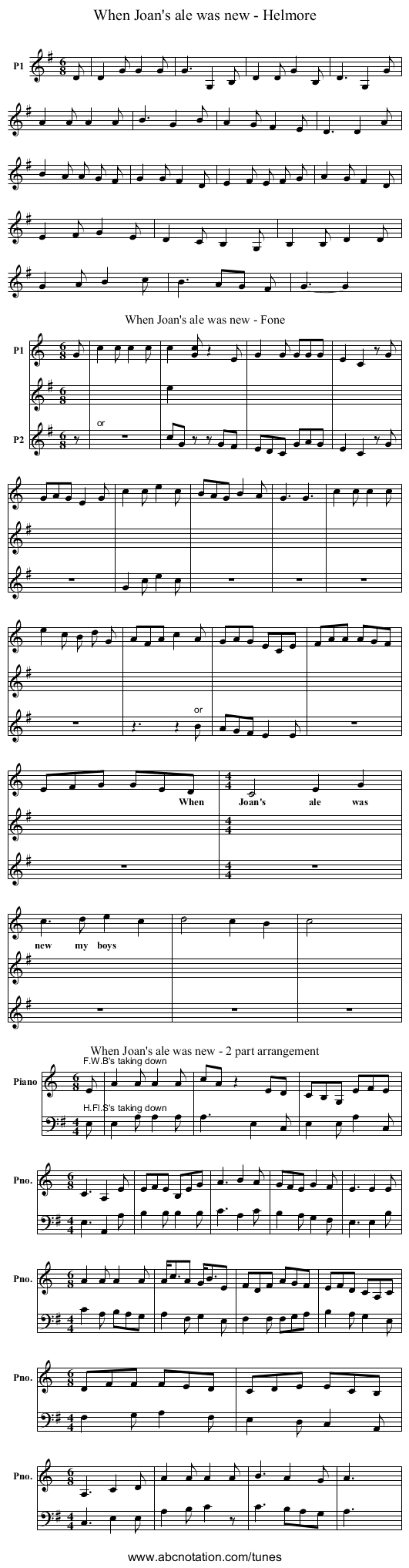 When Joan's ale was new - Helmore - staff notation
