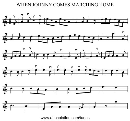WHEN JOHNNY COMES MARCHING HOME - staff notation
