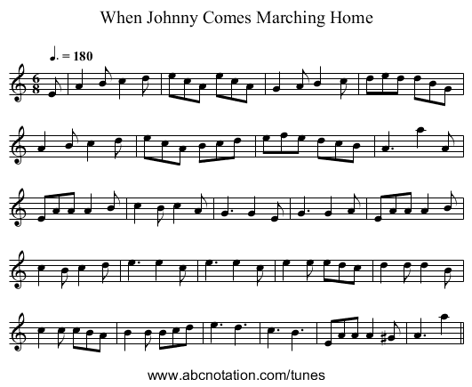 When Johnny Comes Marching Home - staff notation