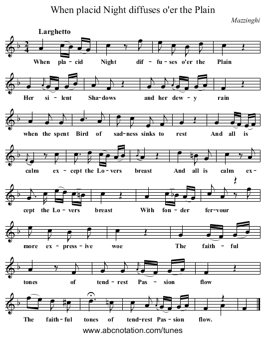 When placid Night diffuses o'er the Plain - staff notation
