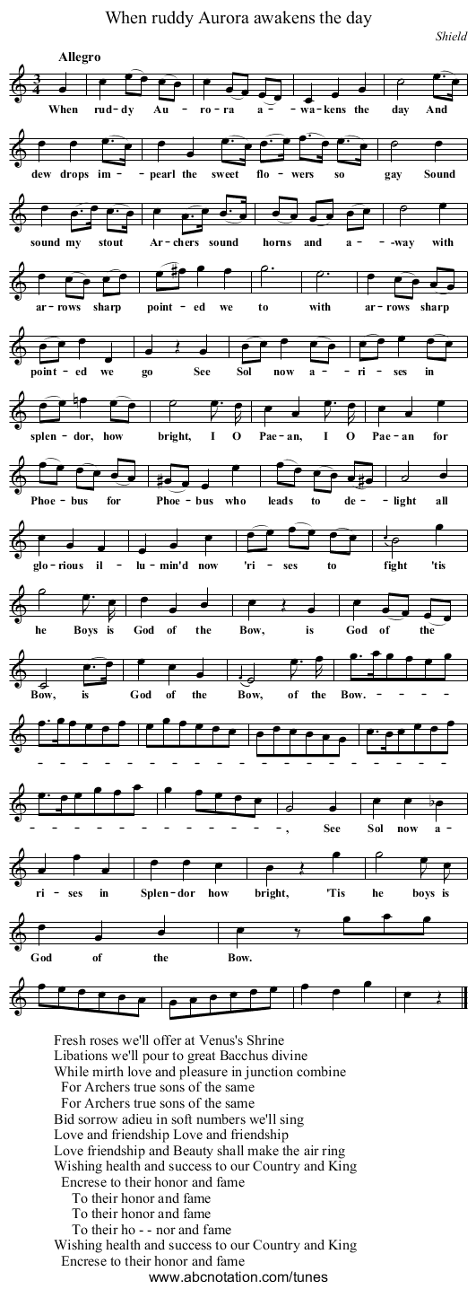 When ruddy Aurora awakens the day - staff notation