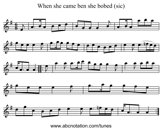 When she came ben she bobed (sic) - staff notation