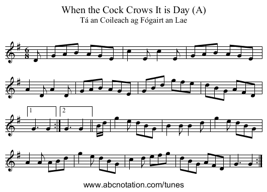 When the Cock Crows It is Day (A) - staff notation