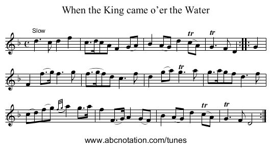 When the King came o’er the Water - staff notation