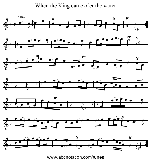 When the King came o’er the water - staff notation