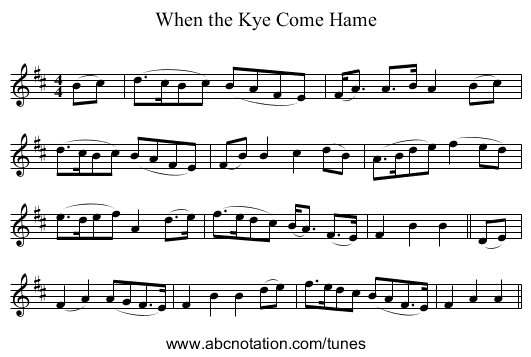 When the Kye Come Hame - staff notation