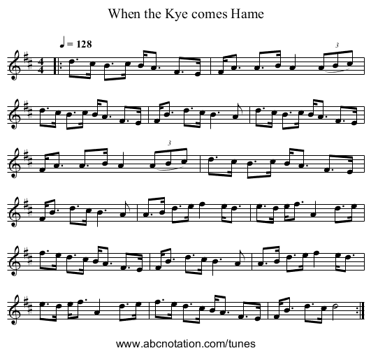 When the Kye comes Hame - staff notation