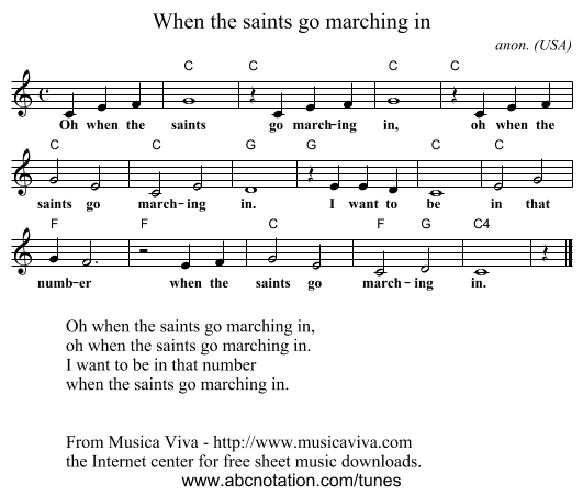When the saints go marching in - staff notation