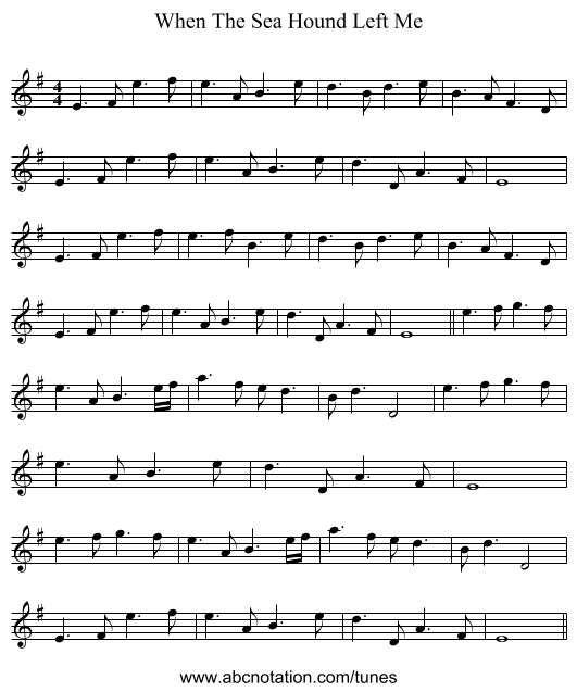 When The Sea Hound Left Me - staff notation