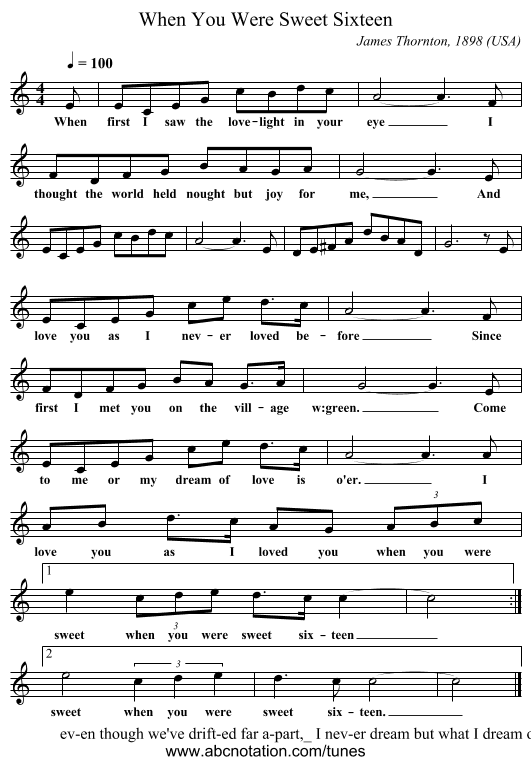 When You Were Sweet Sixteen - staff notation