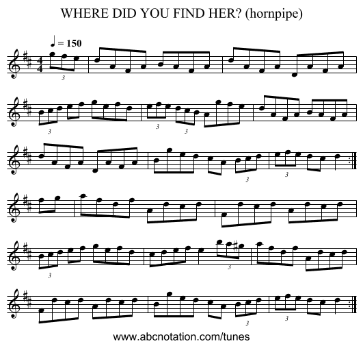WHERE DID YOU FIND HER? (hornpipe) - staff notation