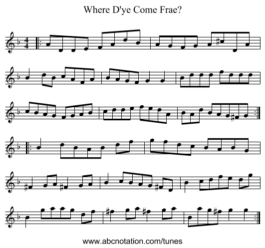 Where D'ye Come Frae? - staff notation