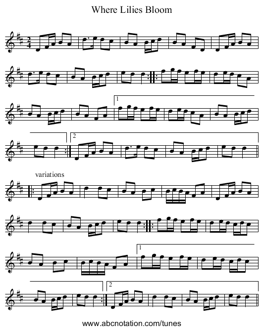 Where Lilies Bloom - staff notation