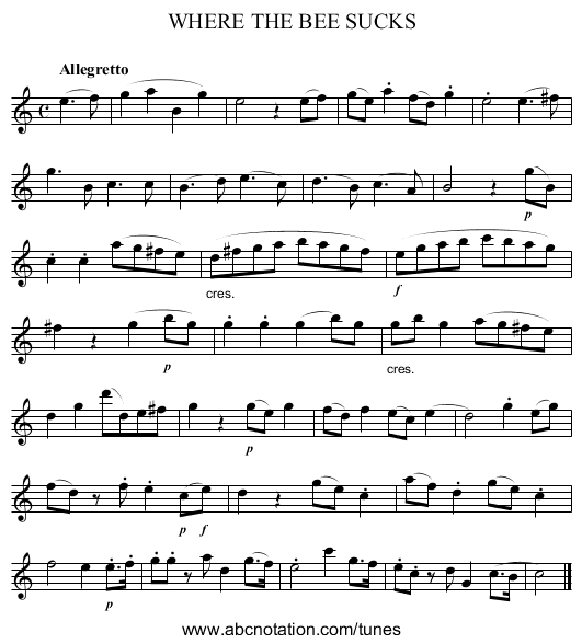 WHERE THE BEE SUCKS - staff notation