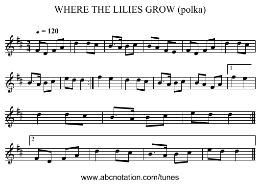WHERE THE LILIES GROW (polka) - staff notation