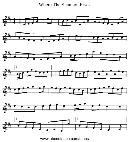 Where The Shannon Rises - staff notation