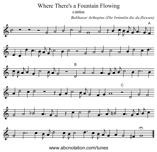 Where There's a Fountain Flowing - staff notation