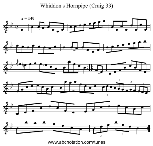 Whiddon's Hornpipe (Craig 33) - staff notation