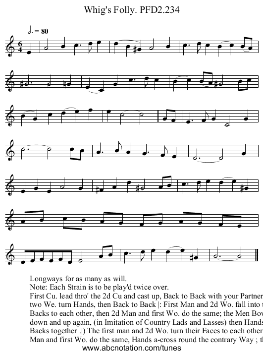 Whig's Folly. PFD2.234 - staff notation