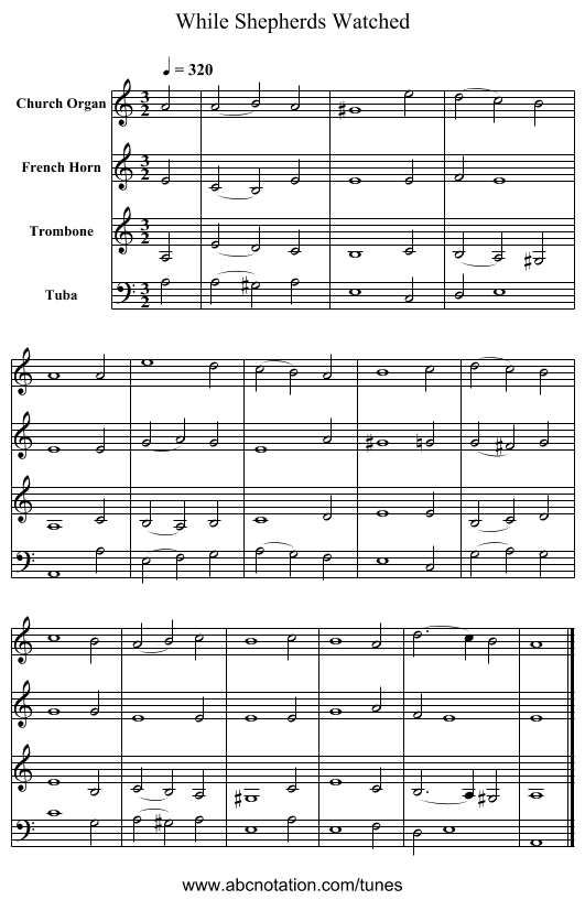 While Shepherds Watched - staff notation