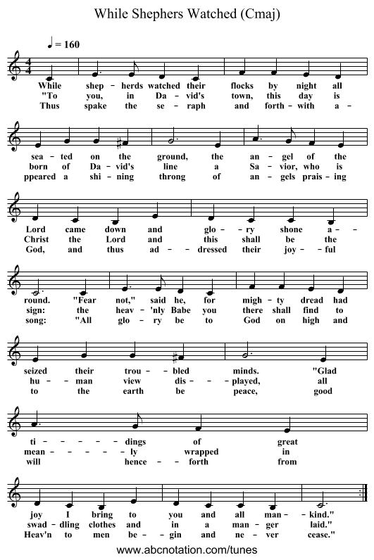 While Shephers Watched (Cmaj) - staff notation