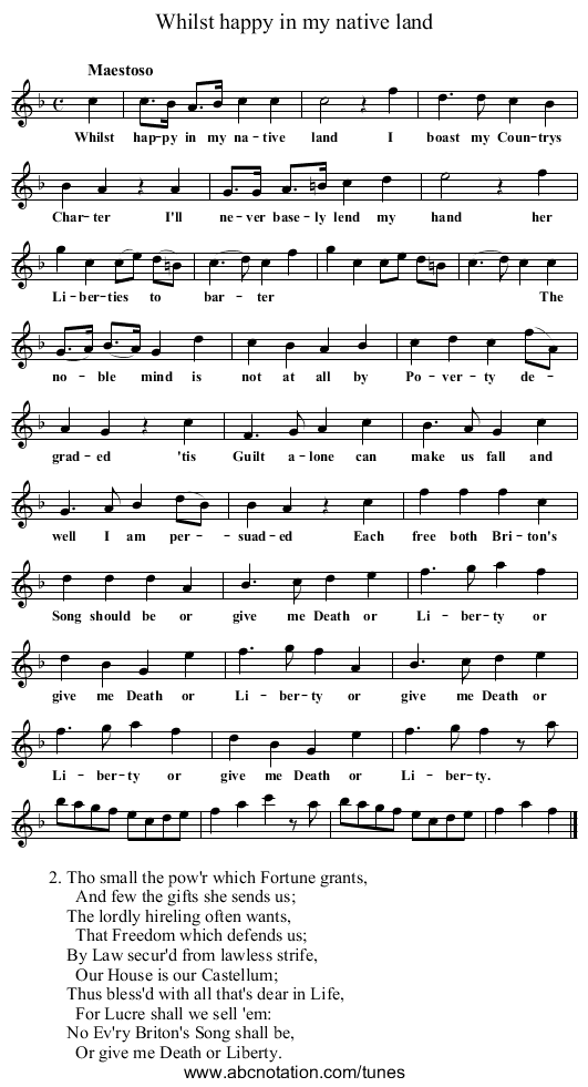 Whilst happy in my native land - staff notation