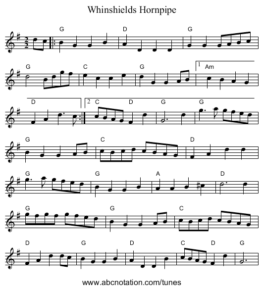 Whinshields Hornpipe - staff notation