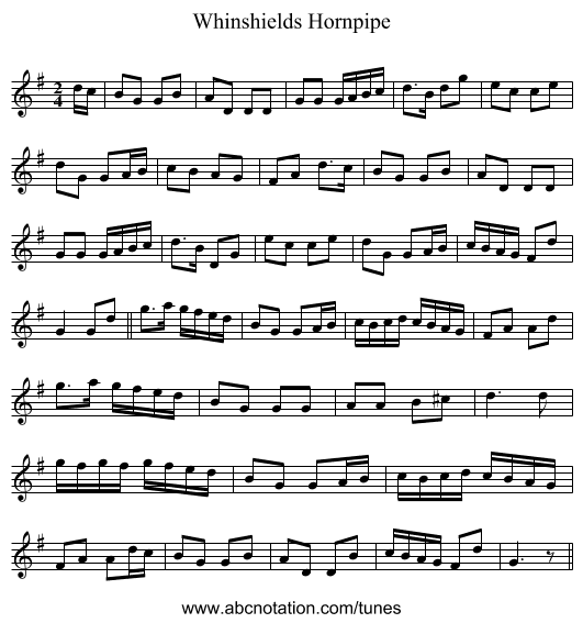 Whinshields Hornpipe - staff notation