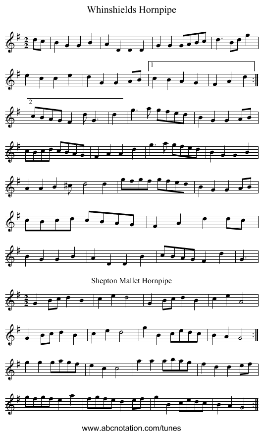 Whinshields Hornpipe - staff notation